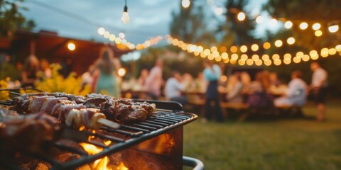 Friends gather for a cozy backyard barbecue party under string lights at dusk. - obrazy, fototapety, plakaty