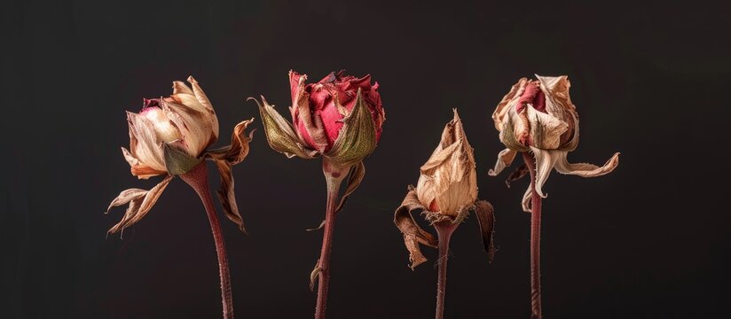 A group of dead flowers, with classic withered stalks and faded petals, are arranged on top of a table. The dried-out blooms create a somber yet intriguing scene, showcasing the passage of time and