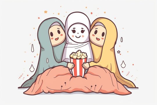 Cartoon cute doodles of characters enjoying a family Eid movie night, cuddled up with blankets and popcorn for a cozy celebration, Generative AI