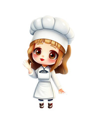 Cute chef girl in uniform hello greeting paying welcome to restaurant 3d illustration