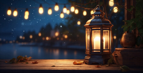 bright lanterns at night with a bright, blurry hanging lamp behind - obrazy, fototapety, plakaty