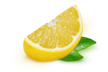 Lemon slice with leaves on an isolated white background.