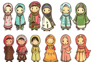 Cartoon cute doodles of characters dressing up in their finest Eid outfits, complete with colorful traditional clothes and accessories, Generative AI - obrazy, fototapety, plakaty