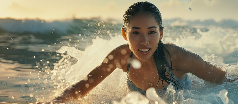 An attractive Asian woman in a bikini is skillfully riding a wave on top of a surfboard, participating in water sport lessons and enjoying beach swimming during summer vacation.
