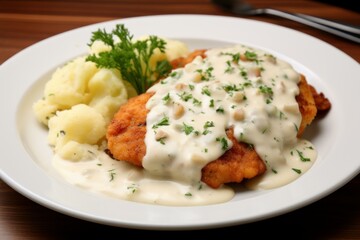Fototapeta na wymiar Creamy Schnitzel bechamel sauce. Chop with the sauce in the plate on the table. Generate AI