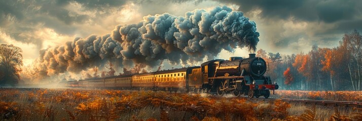 Detailed painting of a steam train with smoke billowing out of its chimney. - obrazy, fototapety, plakaty