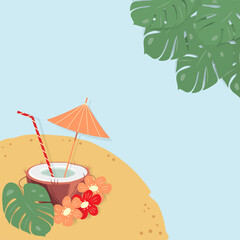 Summer design concept with cocktail in half coconut with straw, parasol and flowers on sandy beach