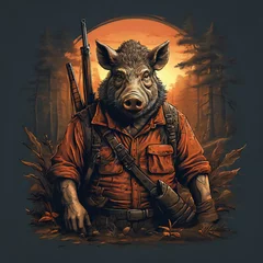 Fotobehang pig man hunter illustration. design for t-shirts, stickers, posters, social media. generative ai © Firly