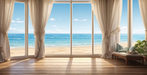illustration of a beach view from the window, sunlight highlighting the floor and beautiful waves