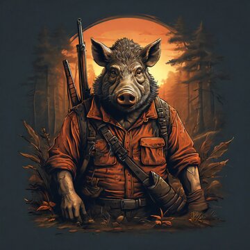 pig man hunter illustration. design for t-shirts, stickers, posters, social media. generative ai