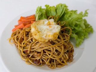 Spaghetti bolognese pasta with tomato sauce and minced pork