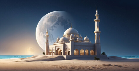 view of the mosque building in the desert, nighttime atmosphere with a bright moon in the background - obrazy, fototapety, plakaty