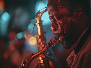 A man is playing a saxophone in a dimly lit room.