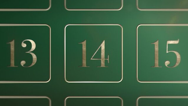Green door number 14 fourteen opening calendar reveal, updateable green screen revealing transition sting, 3D gold xmas festive golden numbered doors shiny video, Christmas Advent Calendar animation