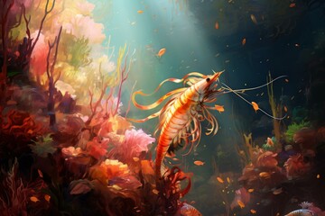 Colorful Sea shrimp underwater. Nature marine food. Generate Ai