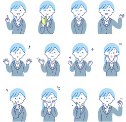 スーツを着た若い女性の表情セット