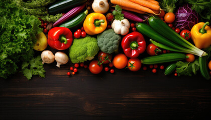 big pile of vegetables on a table with blank space for copy