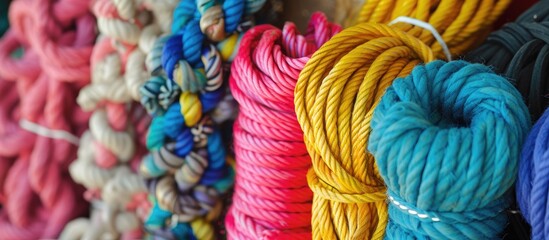 This close-up photo showcases a variety of colorful ropes, including ribbons, laces, and wool balls, highlighting their intricate design and ornamentation. - obrazy, fototapety, plakaty
