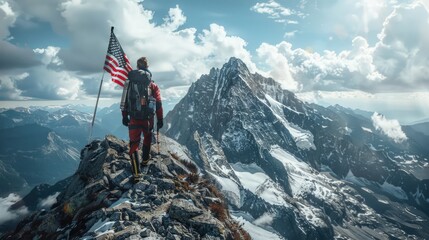 A man proudly stands atop a mountain while holding an American flag, showcasing patriotism and resilience.
