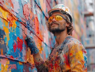 Fototapeta na wymiar A man is standing in front of a wall, painting it with bright and colorful paint, using a paintbrush.