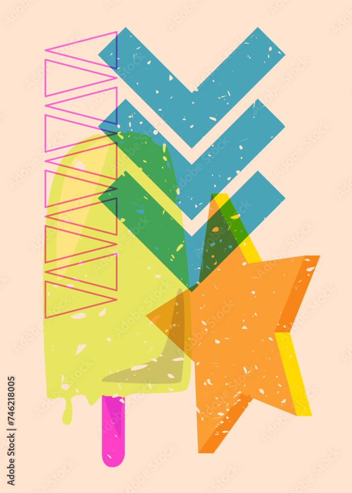 Poster risograph ice cream with geometric shapes. objects in trendy riso graph print texture style design w