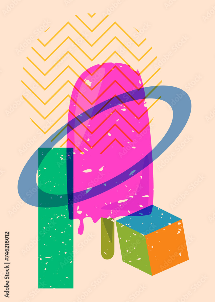 Poster risograph ice cream with geometric shapes. objects in trendy riso graph print texture style design w