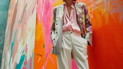 Add a touch of playfulness to your genderfluid look with a light grey blazer featuring a colorful abstract print paired with tailored white trousers and a light pink satin - obrazy, fototapety, plakaty