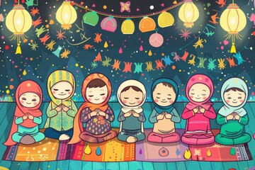 Cartoon cute doodles of characters attending Eid parties and gatherings, with lively music, dancing, and laughter filling the air, Generative AI