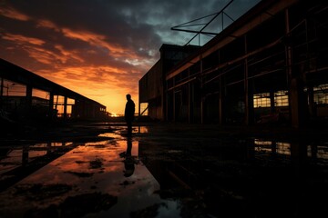 Shadowy Silhouette fbi agent warehouse. Crime scene tape in abandoned warehouse. Generate Ai - obrazy, fototapety, plakaty