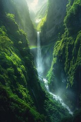 A powerful waterfall displays a breathtaking rainbow arching through the mist, creating a stunning natural spectacle. - obrazy, fototapety, plakaty