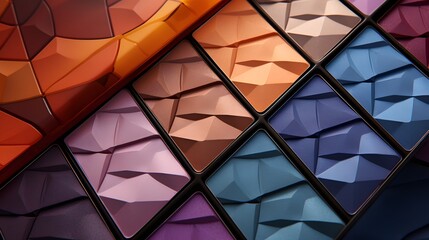 A palette of vivid eyeshadows arranged in a mesmerizing geometric pattern. - obrazy, fototapety, plakaty
