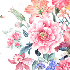 Watercolor and various flowers, roses, peonies, beautiful wedding illustrations