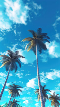 Tropical palm trees on the beach with blue skys and clouds vertical phone wallpaper background banner 
