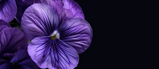 Detailed view of vibrant purple flowers set against a dark black background, showcasing the...