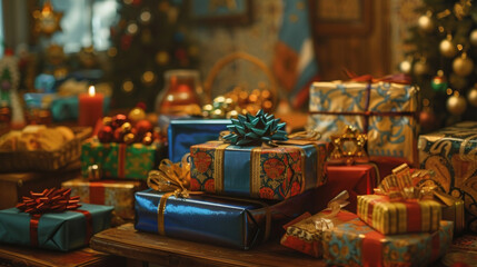 Naklejka na ściany i meble A the decorations and food items gifts in piles big and small can be seen. From beautifully wrapped presents to small trinkets loved ones exchange gifts throughout the eight