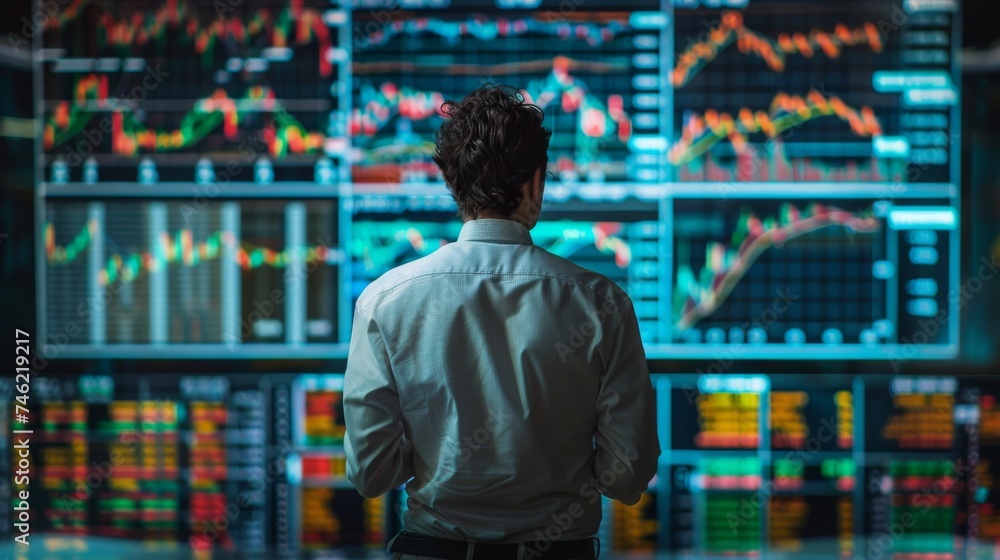 Poster market analyst studying charts in front of display setup