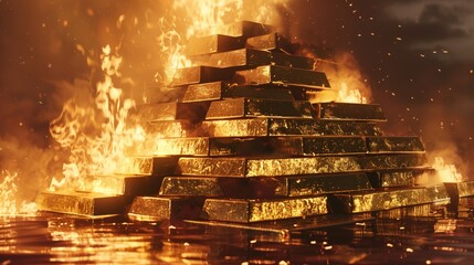 Tall piles of gold bars are slowly melting into liquid, the global economic concept is collapsing. - obrazy, fototapety, plakaty