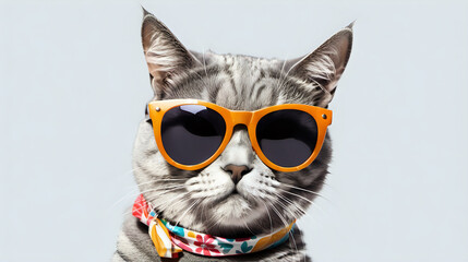 A cat wearing sunglasses and shirt for summer on white background, upcoming summer concept