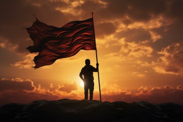 Patriotic Man holding flag sunset. Person proud. Generate Ai - obrazy, fototapety, plakaty