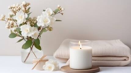 Obraz na płótnie Canvas Minimalist Stylish table with cotton flowers and aroma candles near light wall 
