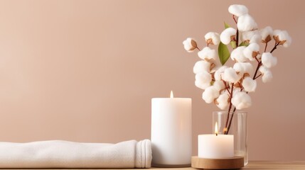 Minimalist Stylish table with cotton flowers and aroma candles near light wall 