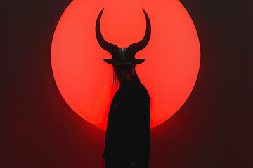 silhouette of a devil with horns on red circle background
