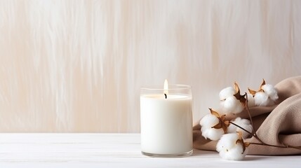 Fototapeta na wymiar Minimalist Stylish table with cotton flowers and aroma candles near light wall 