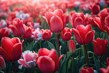 field of red tulips flowers wallpaper background banner display