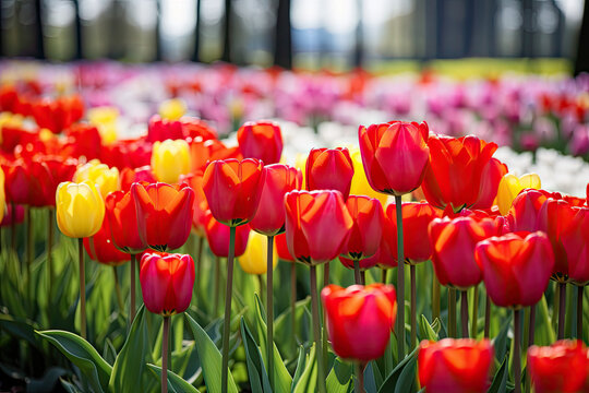 field of red and yellow tulips flowers wallpaper background banner display