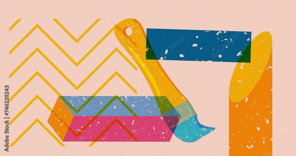 Poster risograph paintbrush with geometric shapes animation. moving object in trendy riso graph design vide