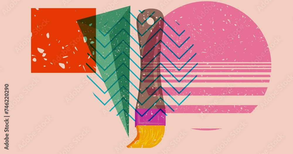 Poster risograph paintbrush with geometric shapes animation. moving object in trendy riso graph design vide