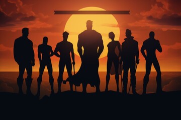 Spectacular Super hero team sunset. Corporate company. Generate Ai - obrazy, fototapety, plakaty