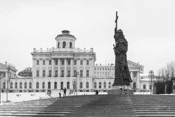 Winter Borovitskaya Square overlooking the Pashkov House in the classicist style, which today houses a branch of the state library. Black and white.