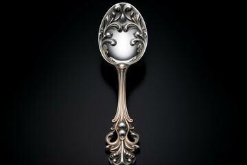Elegant Silver antique spoon tool. Shiny ancient eating teaspoon with decoration elements. Generate ai